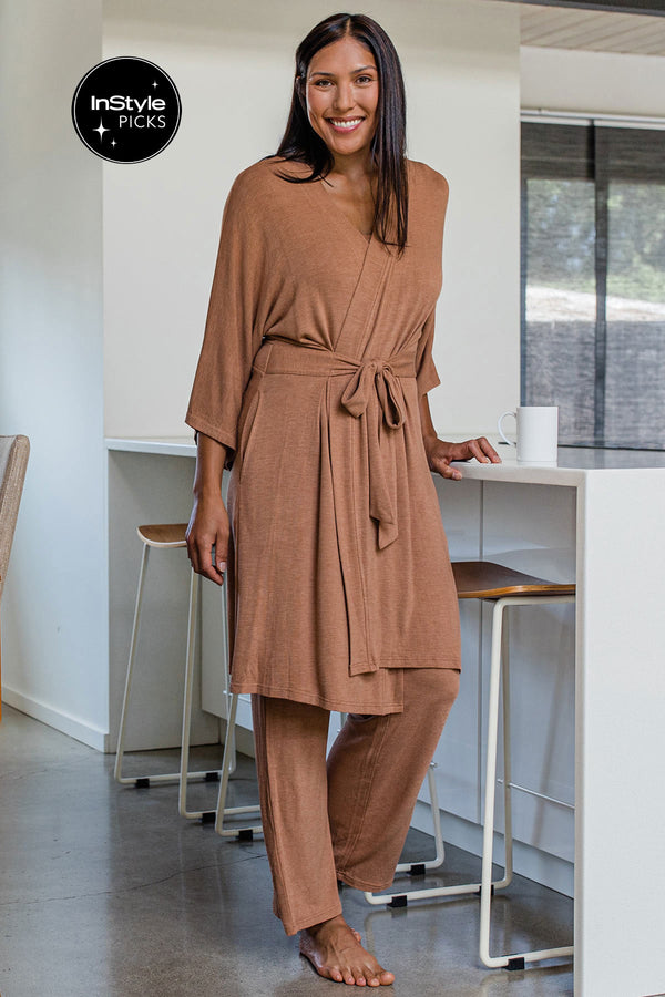 Kendra Kimono Bamboo Sweater Robe -
Camel Heather
