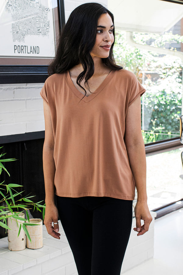 Dakota V-Neck Cap Sleeve Bamboo Top -
Camel