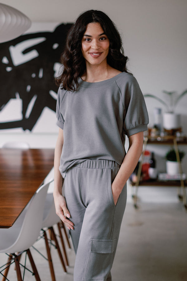 Berkeley Puff Short Sleeve Bamboo & Organic Cotton Raglan Sweatshirt Top -
Space Grey