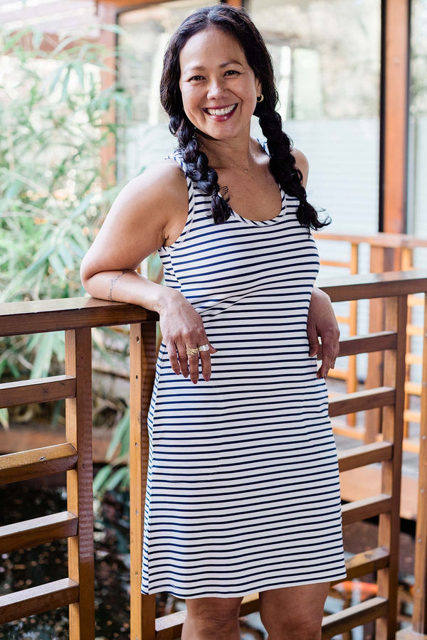 Riley Racerback Two Pocket Bamboo Shift Dress -
Navy Newport Stripe