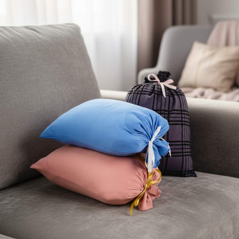 Gray sofa with colorful and plaid gift bags in a living room setting.