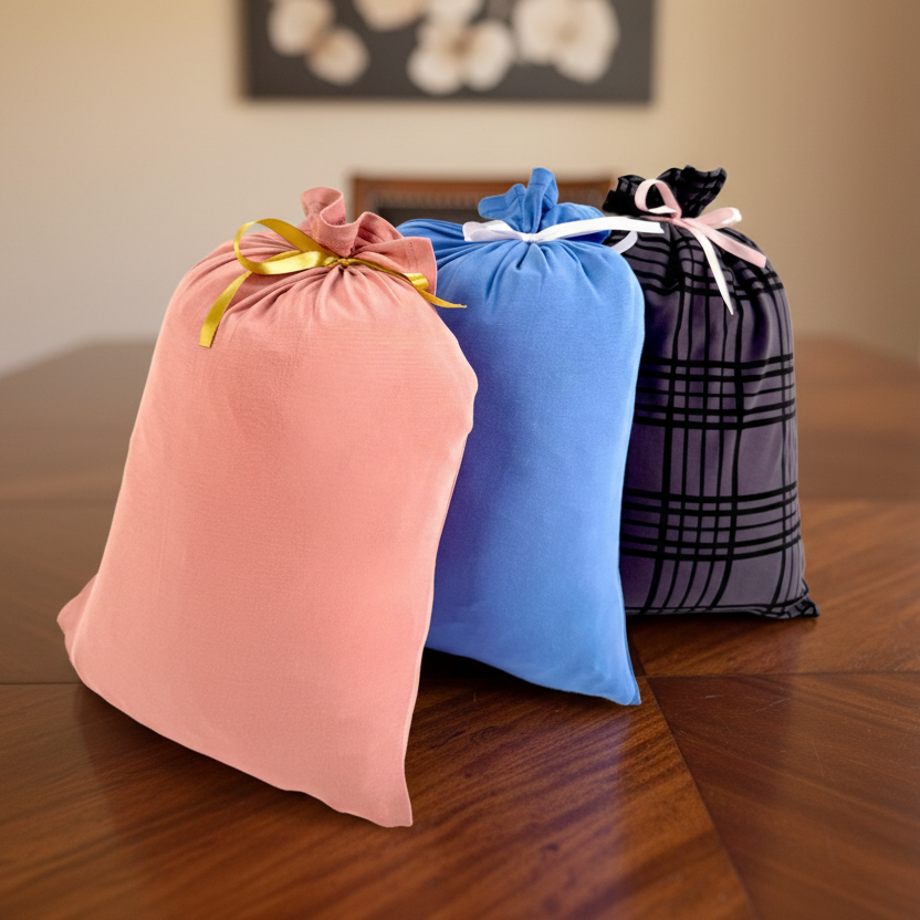 Three fabric bags in pink, blue, and plaid on a wooden surface.