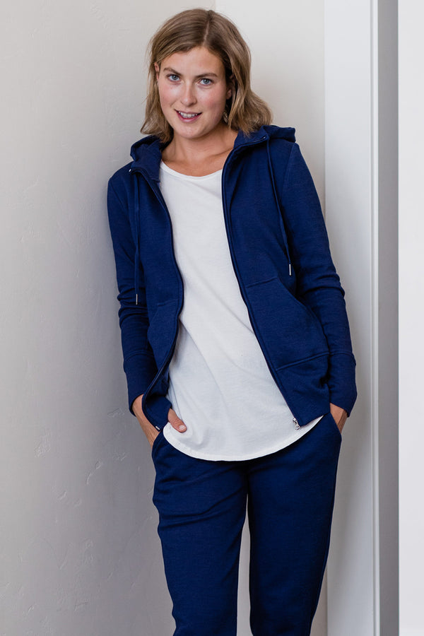 Scarlet Zip-Up Bamboo & Organic Cotton Hooded Jacket Sweatshirt - 
                         			Indigo
                         		