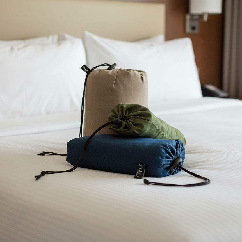 DreamSacks in their bags sitting on a hotel bed.