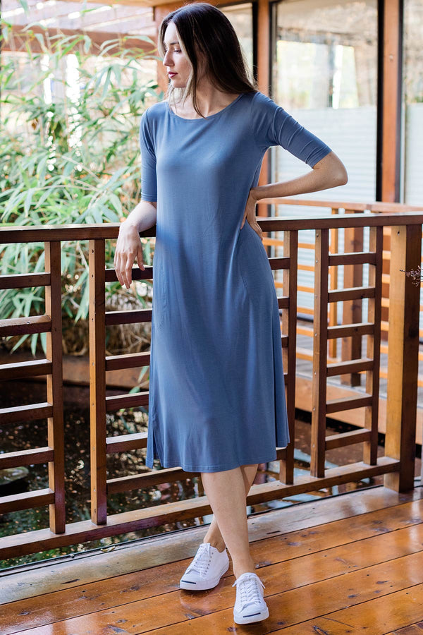 Maraya Midi Elbow Sleeve Bamboo Dress - 
                         			Denim
                         		